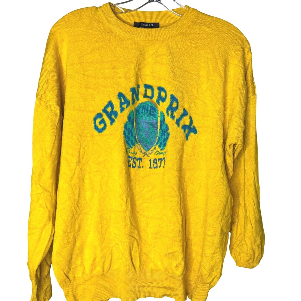 Forever‎ 21 women LARGE Grand Prix Graphic Crewneck Sweater Yellow Large Racing